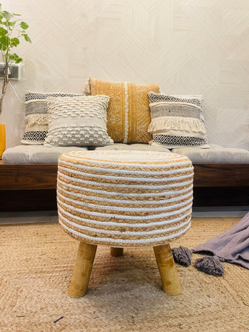  Accent chair footrest, Bohemian stool, Braided stool, Decorative stool, End table stool, Handcrafted stool, Jute-covered stool, Living room seating, Multi-functional stool, Natural materials stool, Ottoman with wooden legs, Side table stool, Unique room addition, Wooden legs stool, Woven stool, tesu