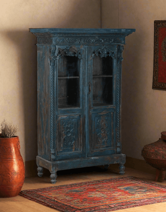 Hand Carved Wooden Glass Almirah - TESU
