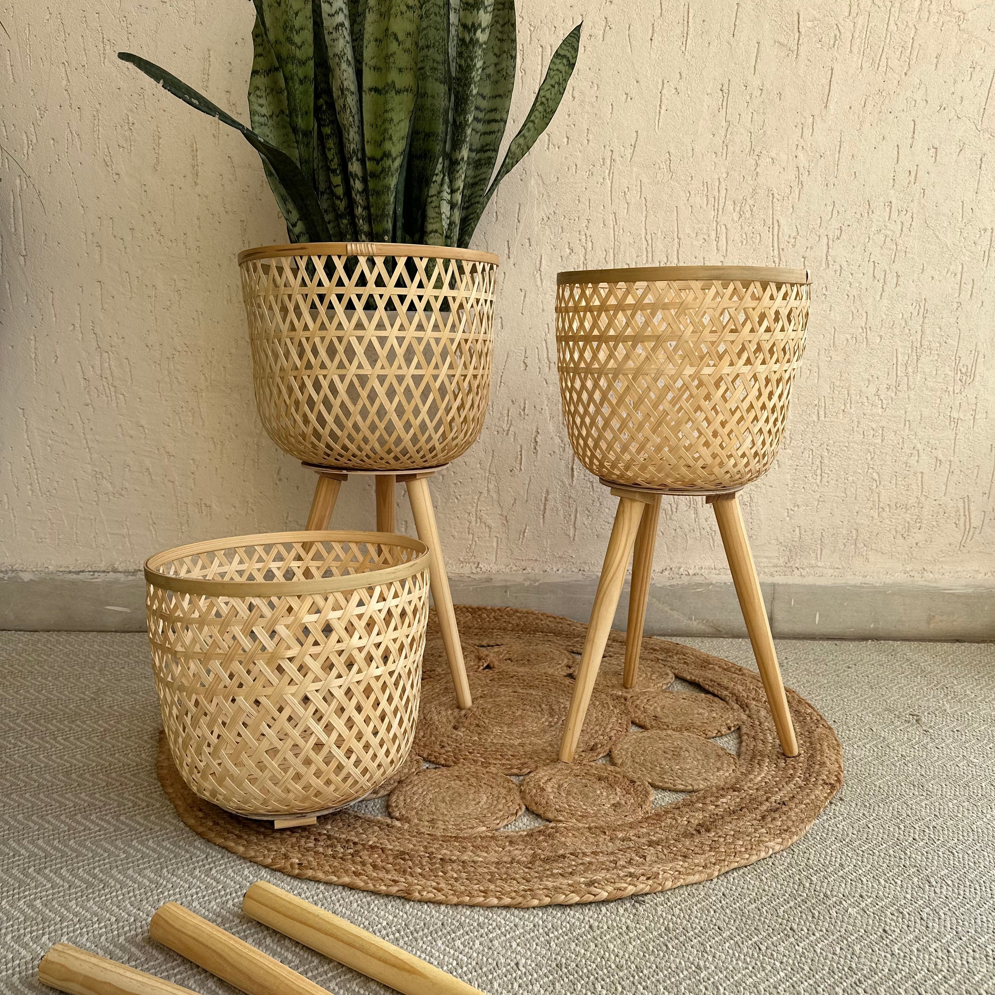 bamboo light planter tesu with folding legs boho home style setup.Enhance your Dream Home with our curated selection of premium Home Décor items.  Typically crafted Bamboo woven planter with removable wooden legs are creating an eco -friendly and aesthetically pleasing container for plants. Its intricate handwoven design adds a touch of rustic charm to any to indoors as well as covered outdoor spaces like the living room, balcony, patio or a roofed terrace. tesu