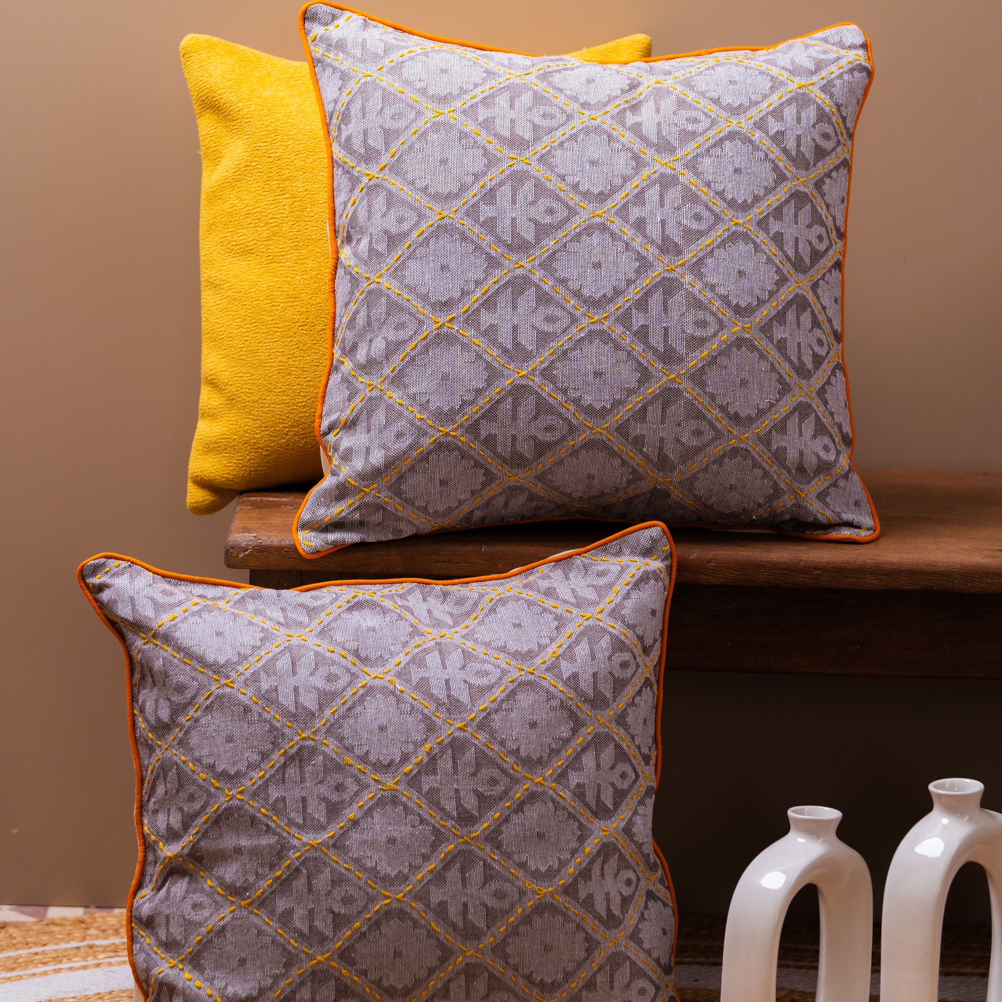 Handwoven Cotton with Kantha Work Cushion Covers