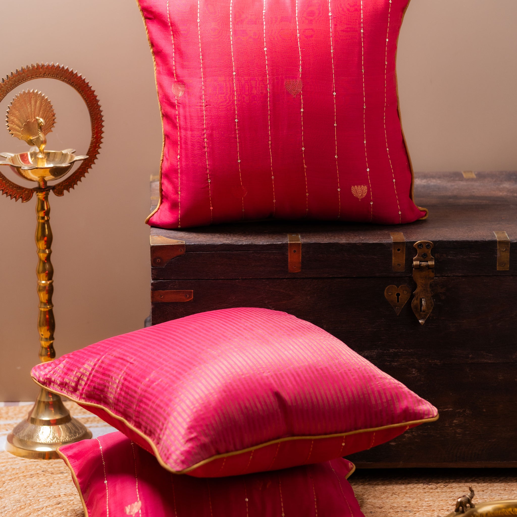 Lotus Butti in Zari and Katha Cushion Cover