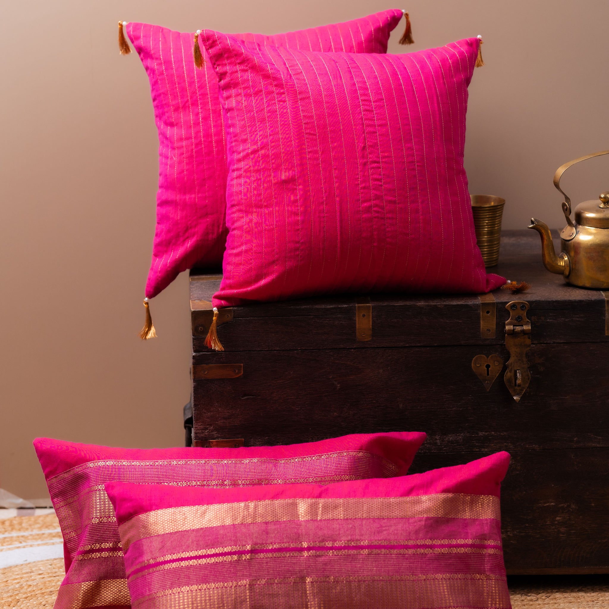 Magenta and gold lumbar cushion cover
Luxurious lumbar pillow
Sophisticated home decor
Broad border cushion cover
Rich magenta fabric
Elegant golden border
Statement piece for sofa
High-quality cushion cover
Comfortable lumbar support
Vibrant colors decor
Chic design cushion
Modern and traditional interiors
Elevate home aesthetics
Stylish accent chair cushion
Decorative lumbar pillow