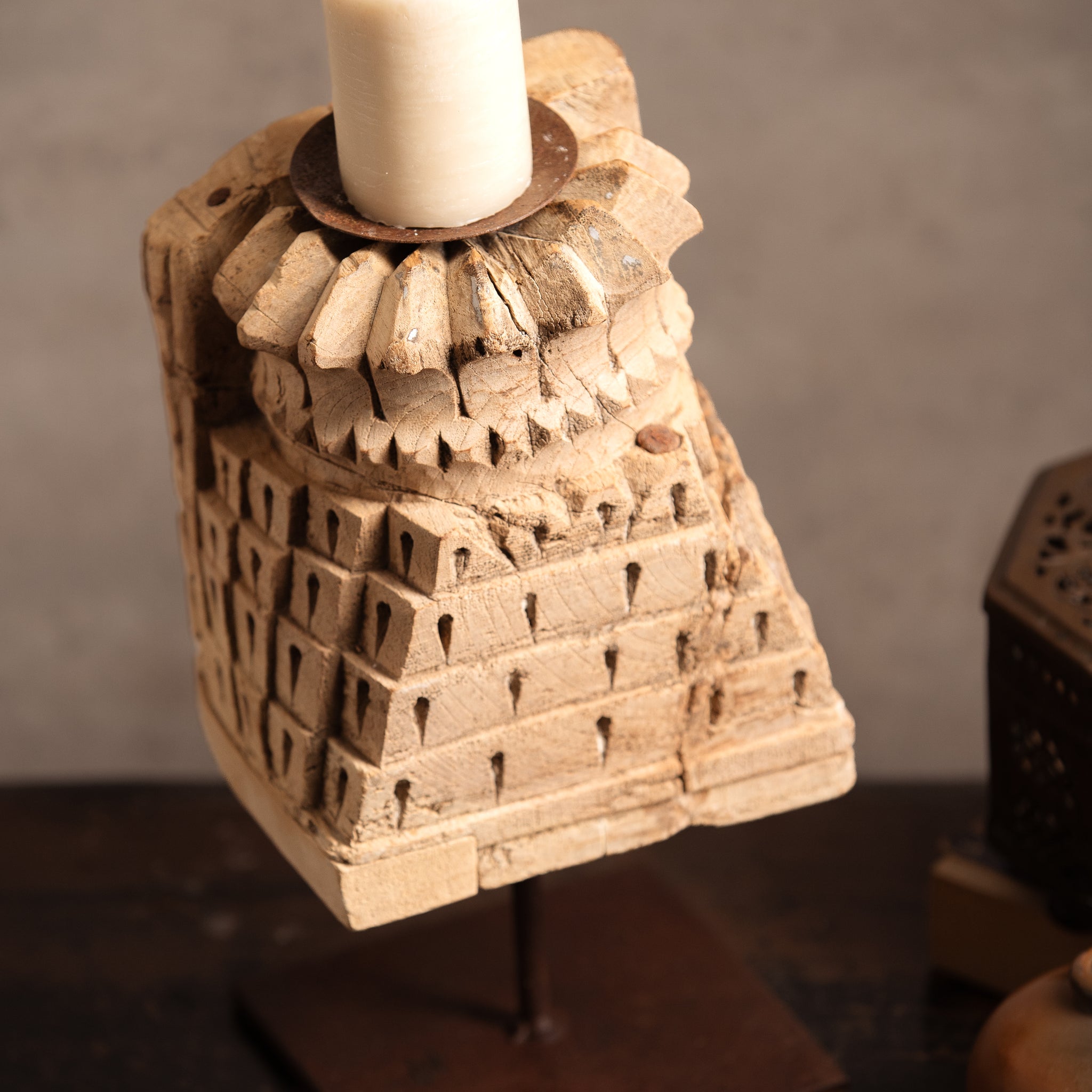 Vintage  Handcarved Wooden Candle Stand