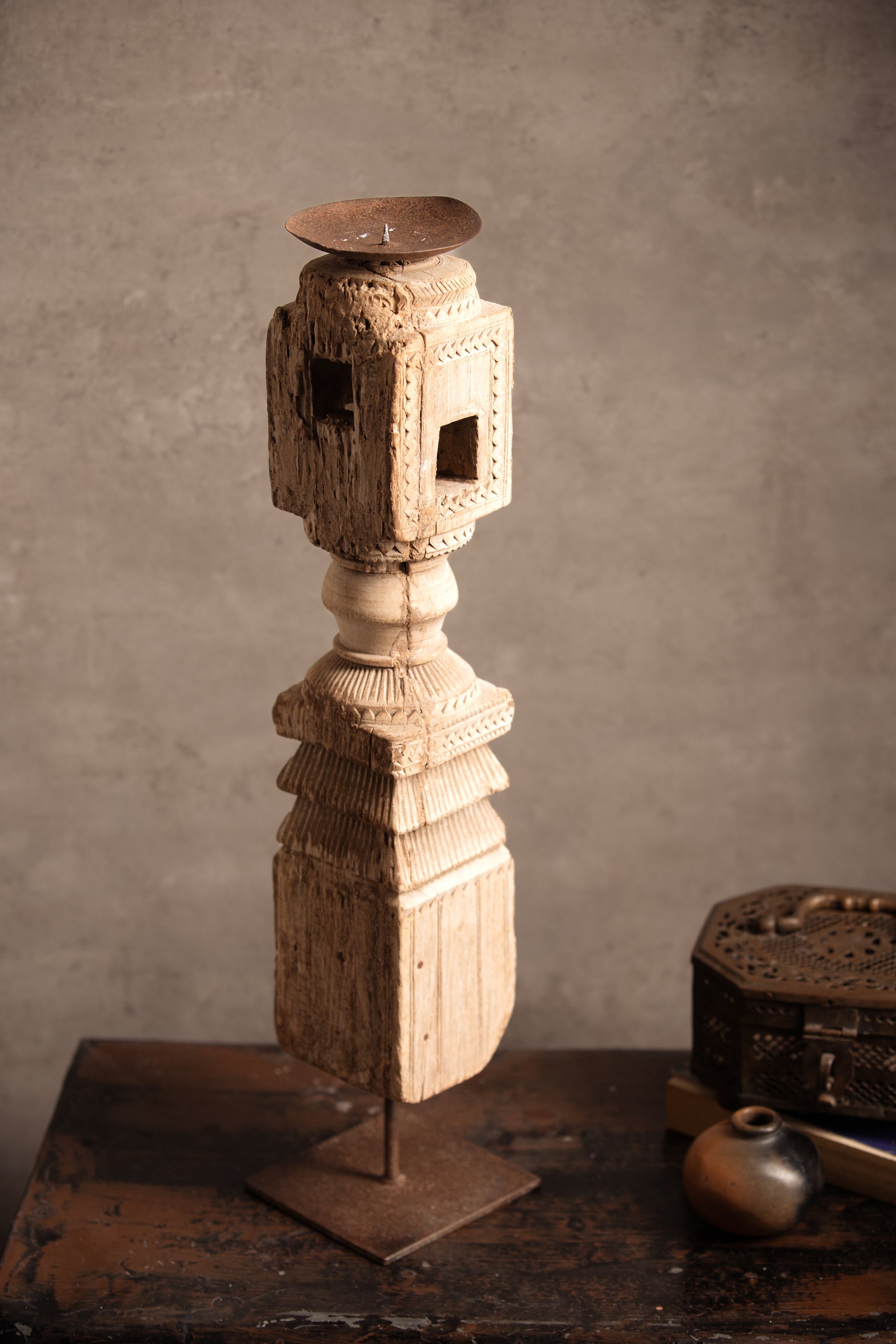 Vintage  Handcarved Wooden Candle Stand - TESU