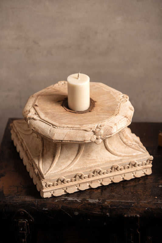 Vintage  Handcarved Wooden Candle Stand - Square