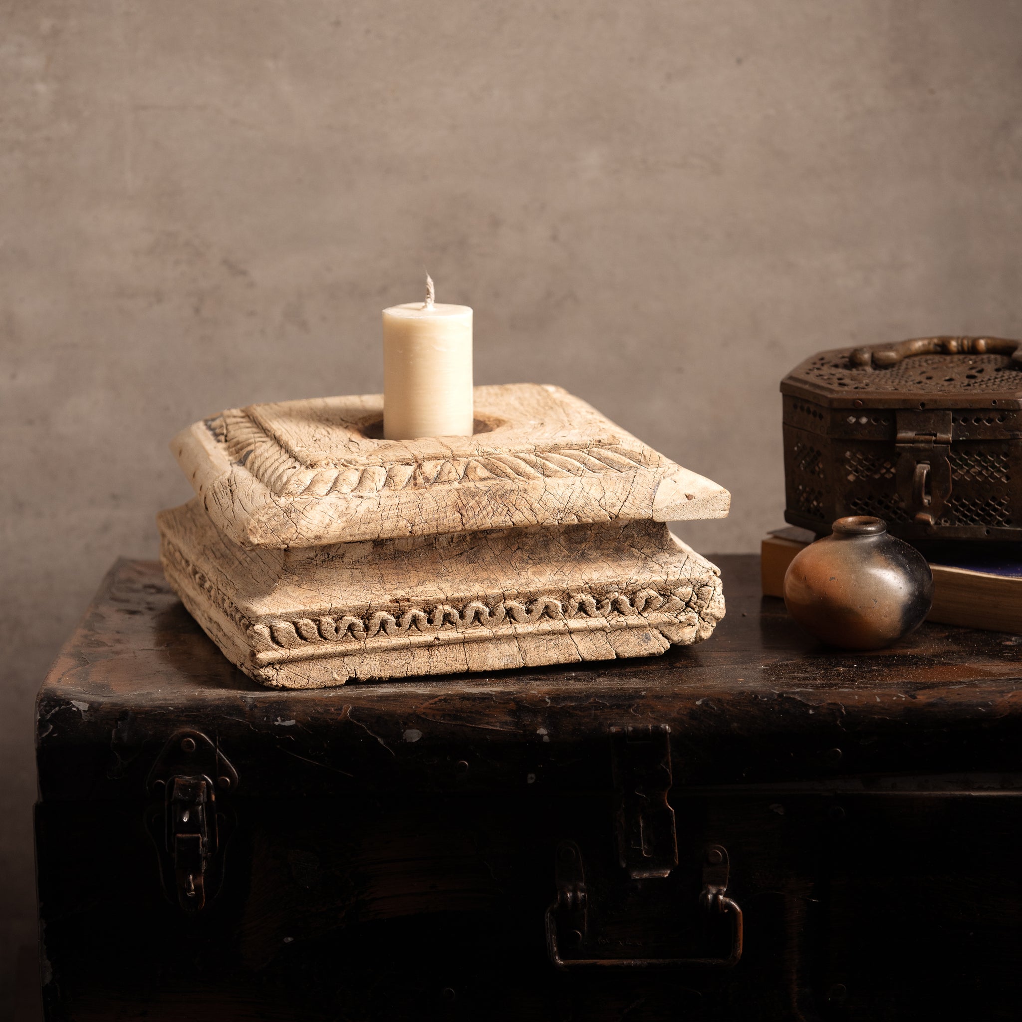 Vintage Handcarved Wooden Candle Stand - Square - TESU