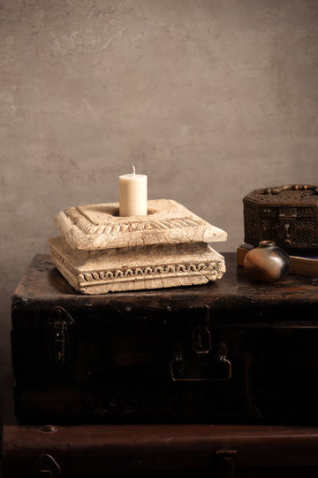 Vintage Handcarved Wooden Candle Stand - Square - TESU