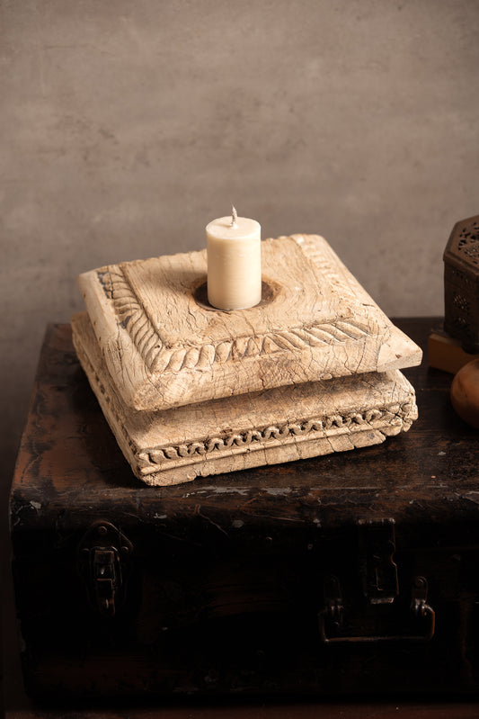 Vintage Handcarved Wooden Candle Stand - Square