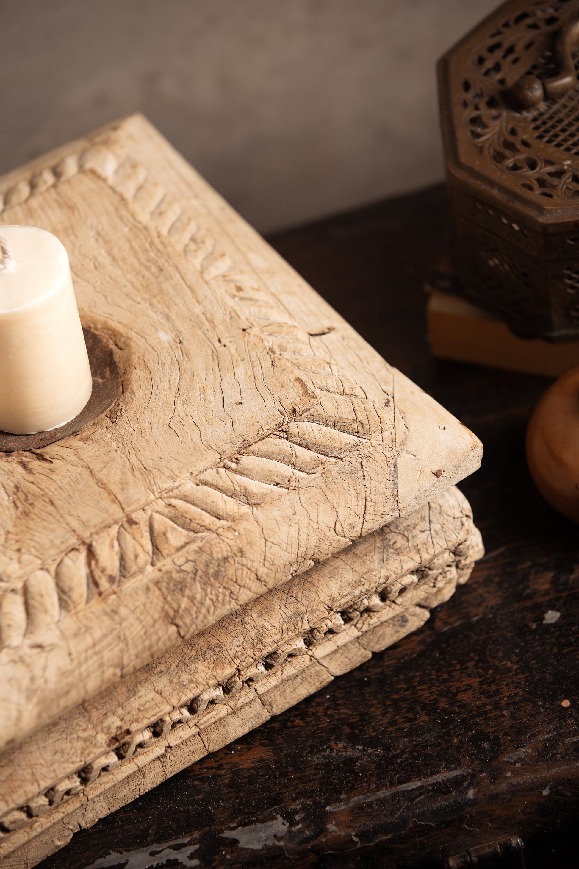 Vintage Handcarved Wooden Candle Stand - Square - TESU