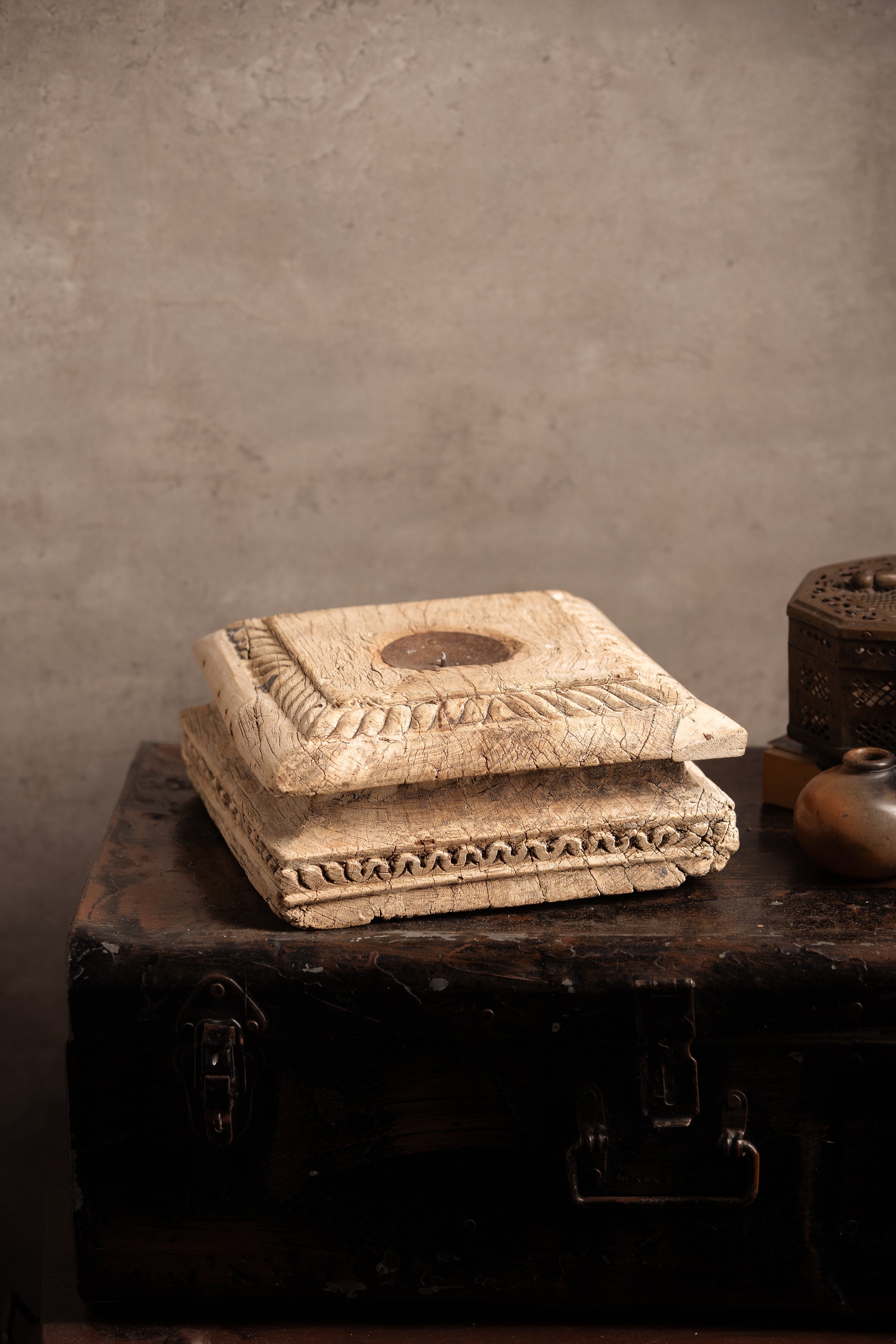 Vintage Handcarved Wooden Candle Stand - Square - TESU