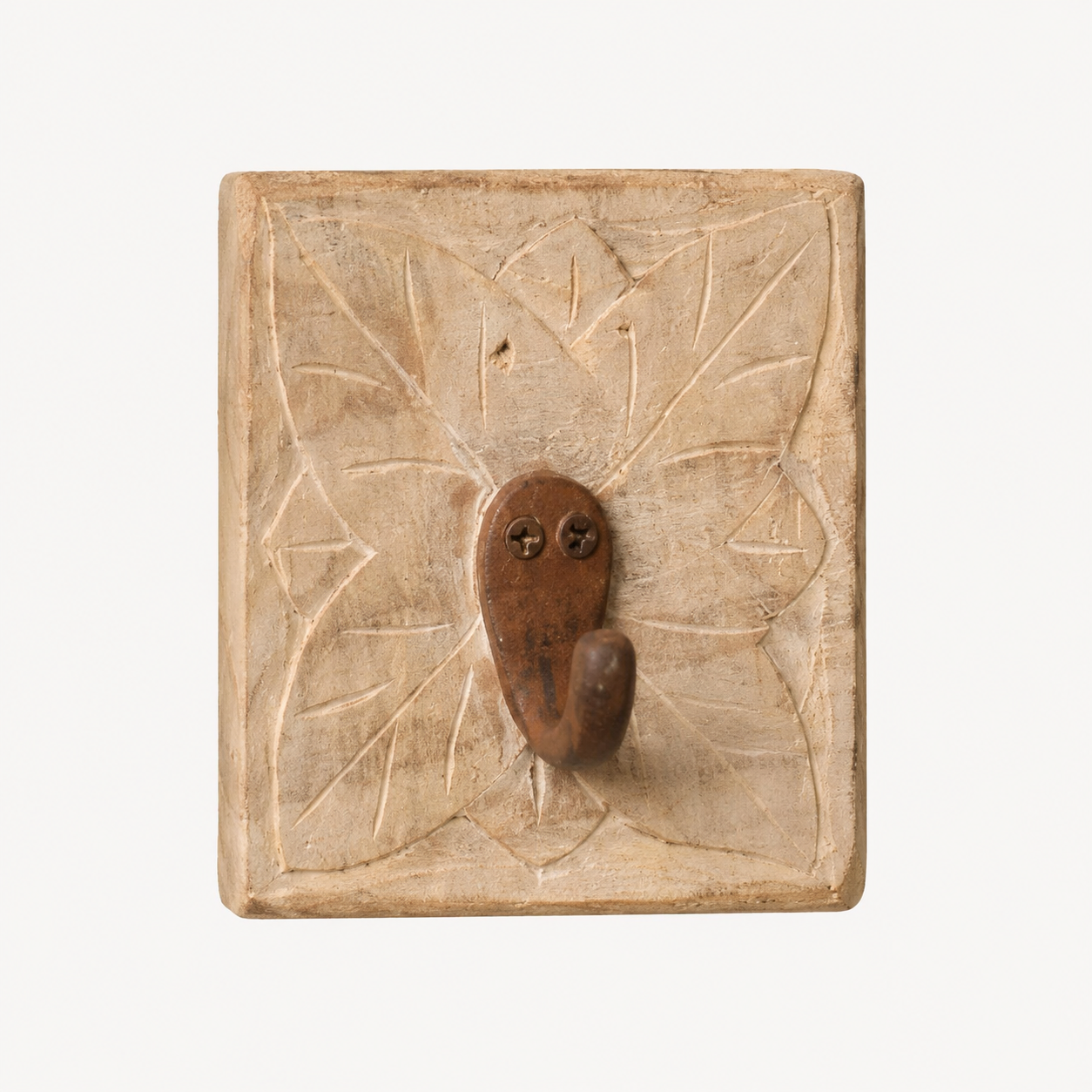 A rustic, square carved wooden wall hook with a textured leaf pattern and a central brown metal hook, shown against a plain white background.