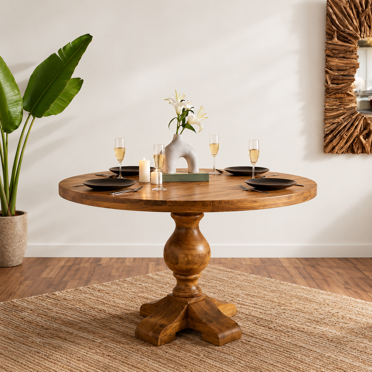 A round wooden dining table with a turned pedestal base, styled with black plates, wine glasses, candles, and a small vase of white flowers in a bright room with a potted plant and woven rug.
