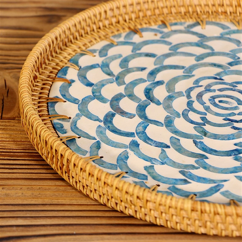 Mother of Pearl Rattan Tray Handwoven rattan tray Designer serving tray Round tray with motifs Eco-friendly tray Natural rattan decor Chic serving tray Wall decor tray Coffee table display piece Durable serving tray Elegant home decor Centrepiece tray Artisanal serving tray Designer motifs tray Stylish home accents. tesu
