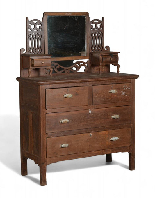 Wooden dresser with mirror on a white background