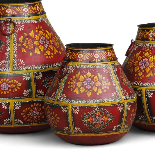 Antique Iron Red Hand Painted Pots Set of 3 - TESU