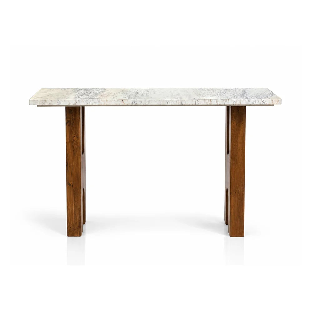 A rectangular console table featuring a white and gray veined marble top with two thick, warm brown wooden legs.