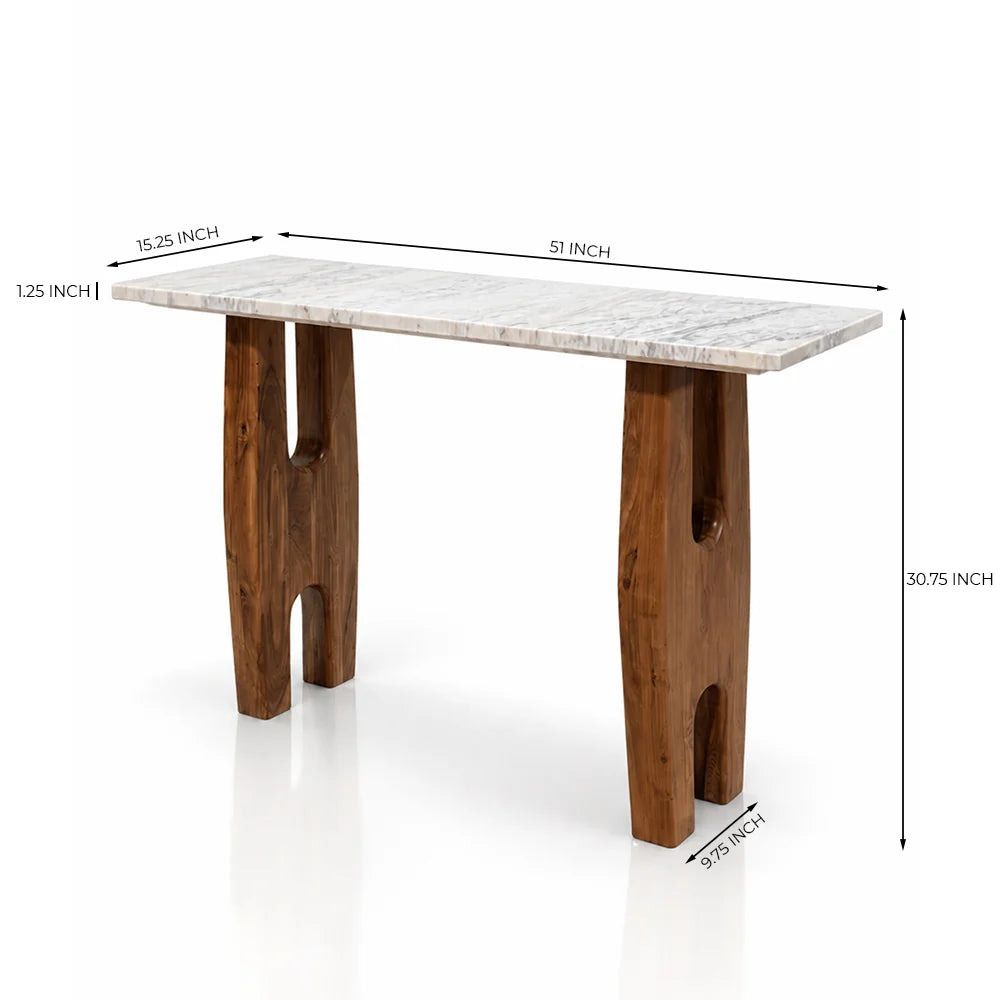 A console table with a white marble top and dark brown wooden legs, shown with dimension lines and labels indicating measurements of 51 inches length, 30.75 inches height, 12.