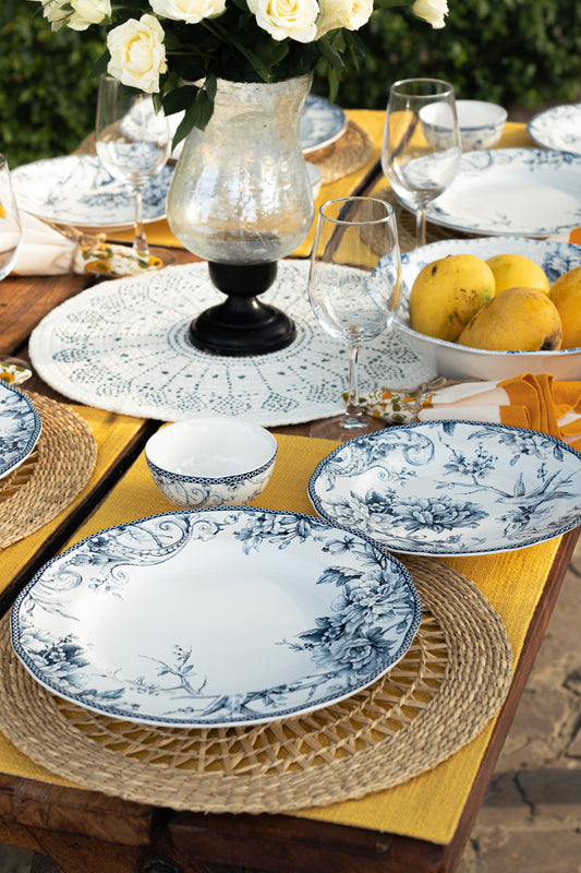 Arezzo collection Tuscany inspired dinnerware Alfresco dining dinner set Nature-inspired dinnerware White and blue dinner set Vintage dinnerware Bird and flower motifs dinner set Elegant dining set Nature-themed dinnerware Country living dinner set Tuscany countryside dinner set, tesu