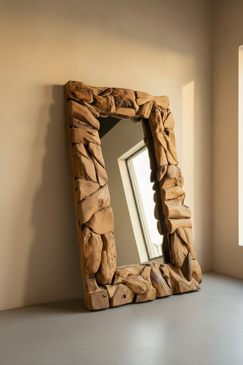 Large wooden archway in a store setting with shelves and decor in the background