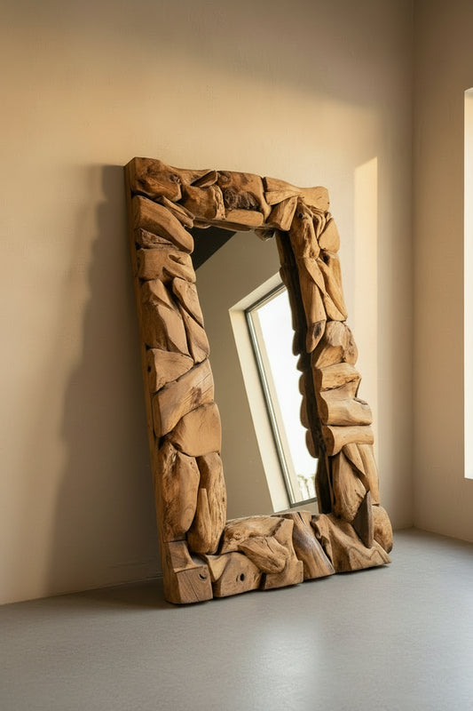Large wooden archway in a store setting with shelves and decor in the background