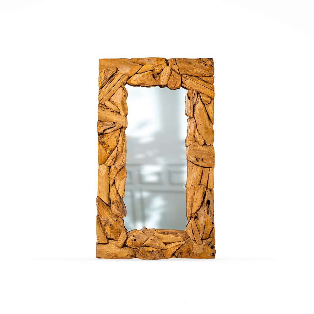 Rectangular mirror with a natural wood frame on a white background