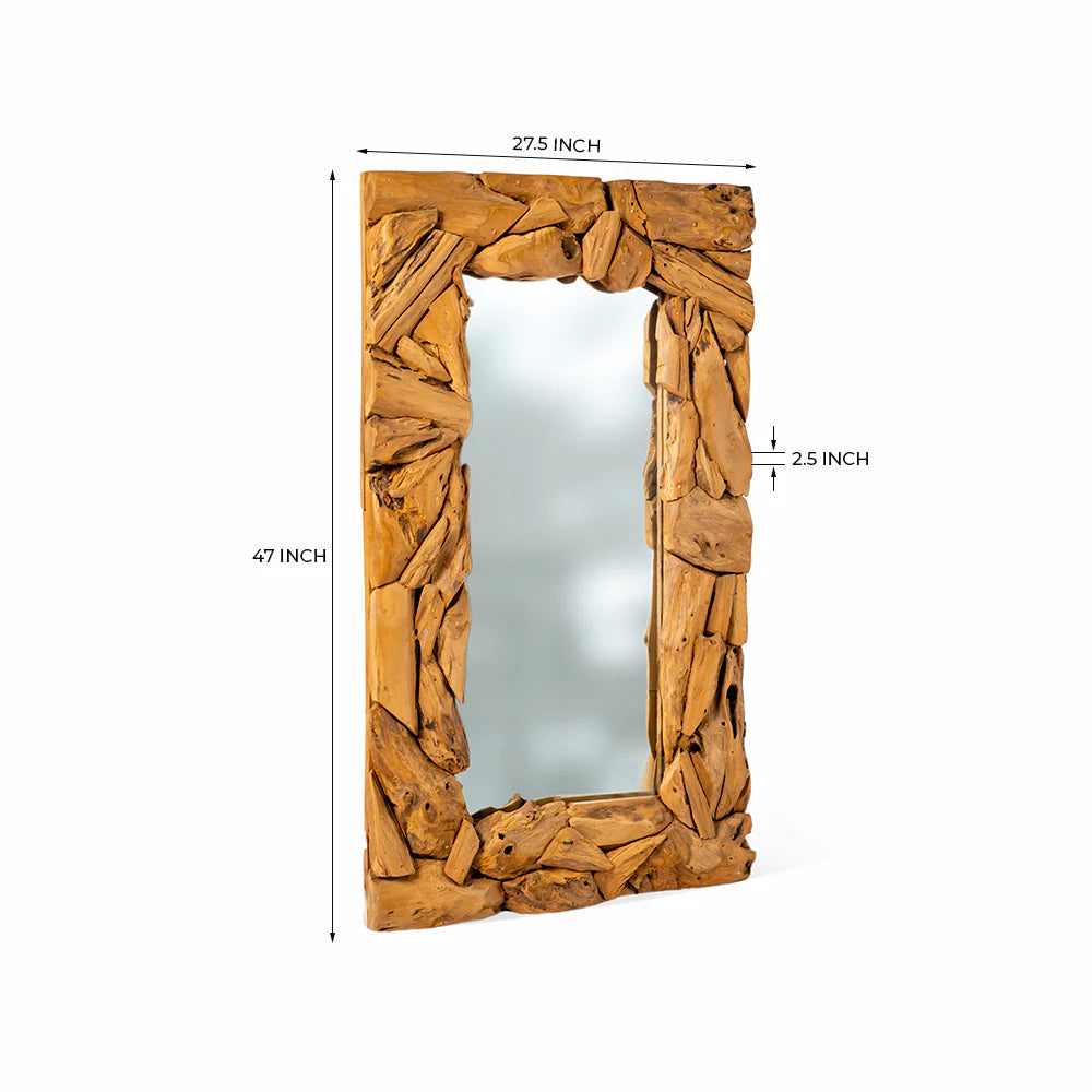 Wooden mirror with dimensions on a white background