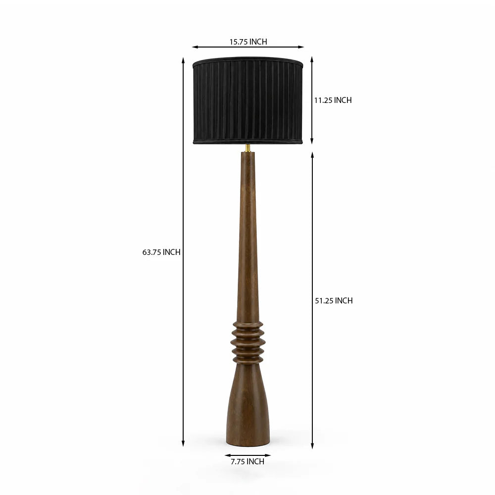 Floor lamp with black shade and wooden base, showing dimensions on a white background