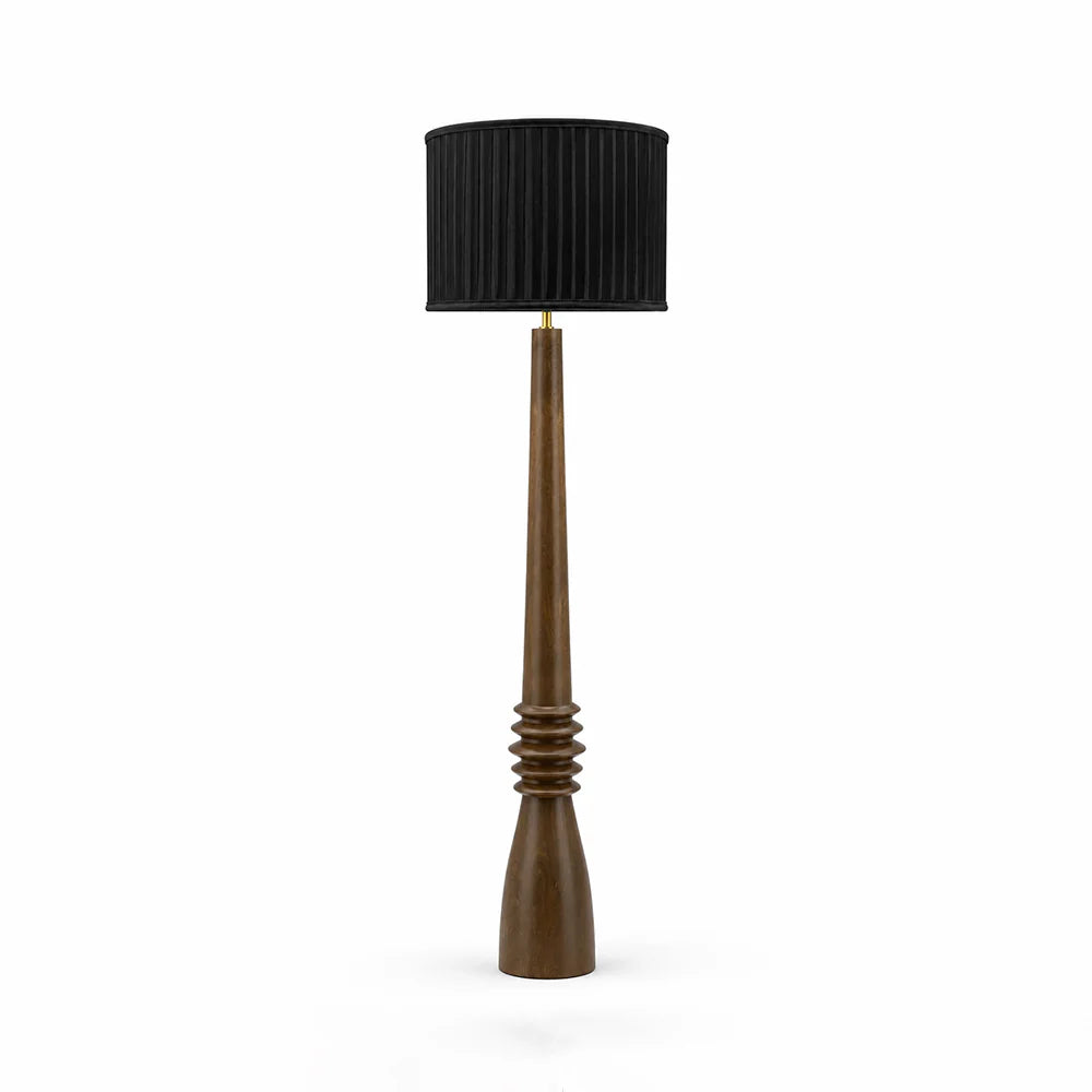 Floor lamp with a black shade and wooden base on a white background
