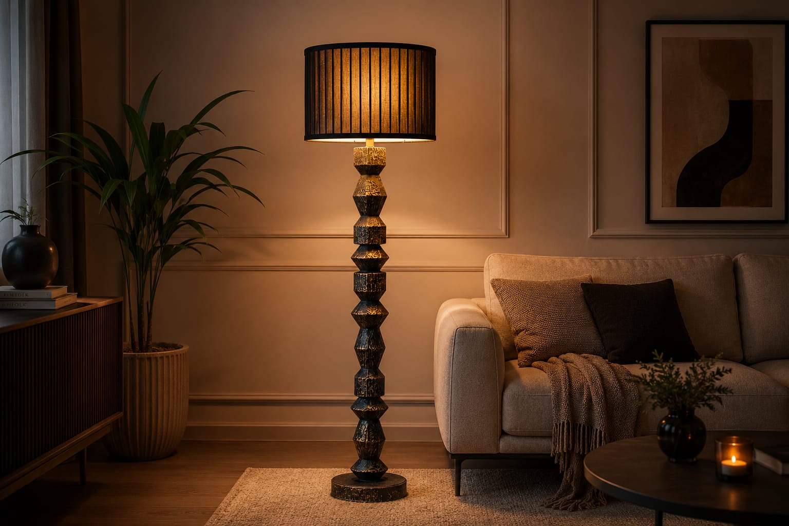 Living room with a tall floor lamp, sofa, and decorative items.