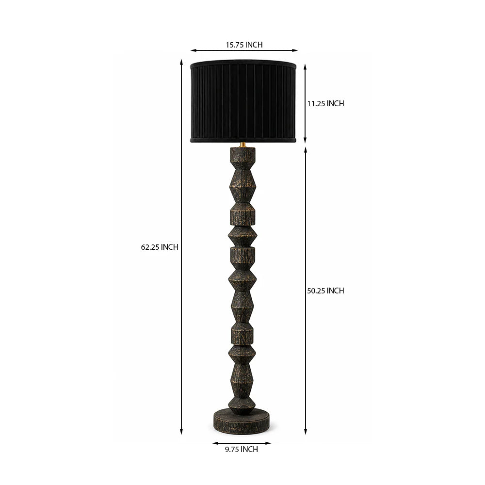 Black floor lamp with measurements on a white background