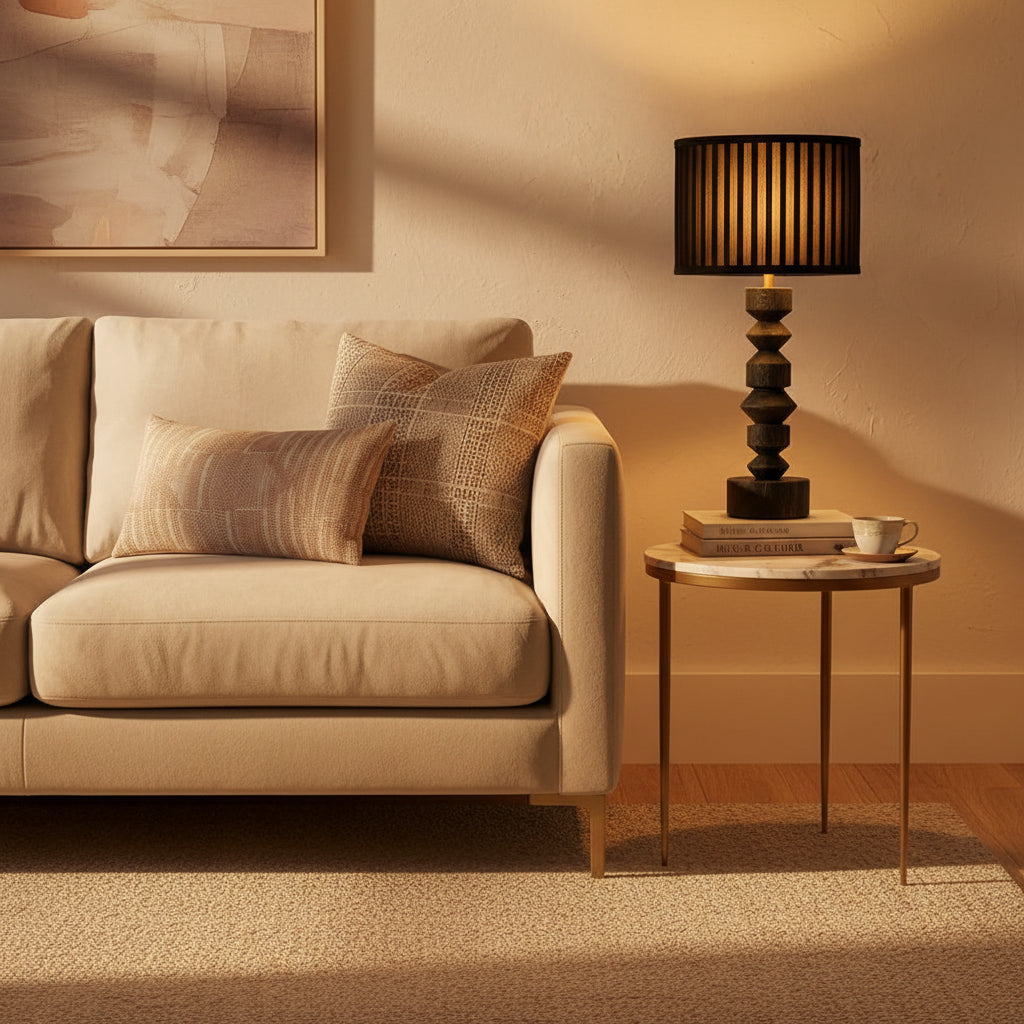 Table lamp with a black striped shade on a wooden surface against a beige wall.