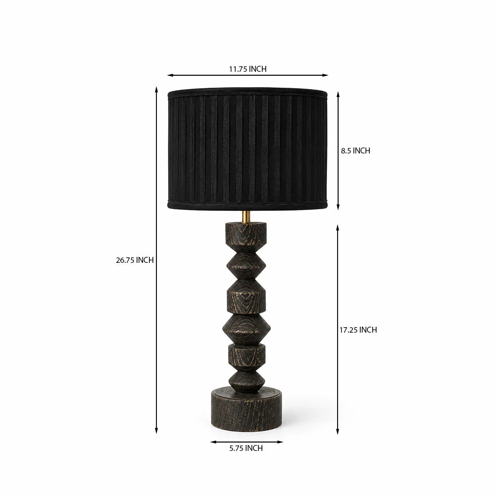 Black table lamp with measurements on a white background