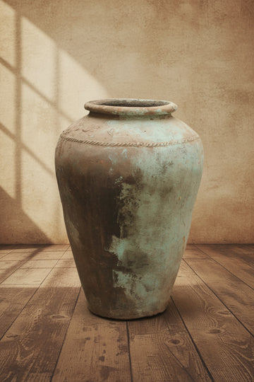 Vintage terracotta pot with a patina finish 