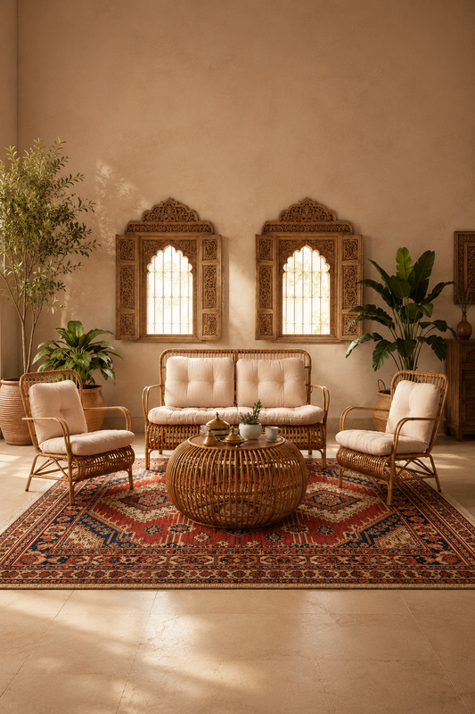 Aurelia Weave 5-Seater Sofa Set in natural rattan with plush beige cushions, paired with matching lounge chairs and a round coffee table, styled in a warm, earthy living room.