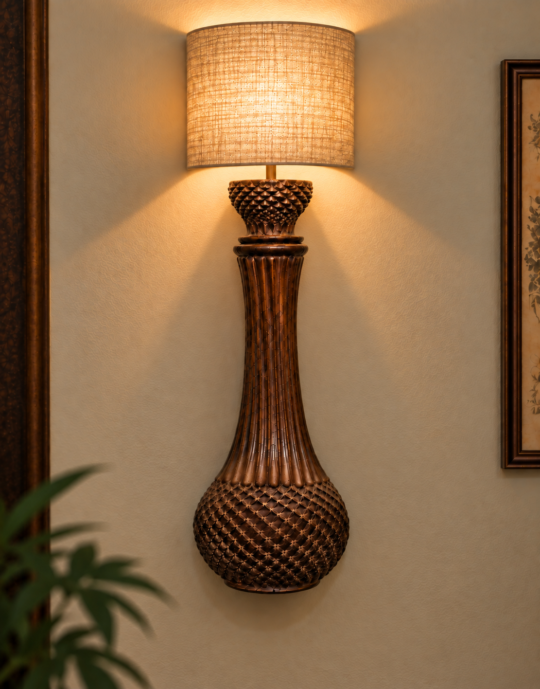 Style beside a vintage console, woven textures, and indoor plants for a relaxed, inviting atmosphere.