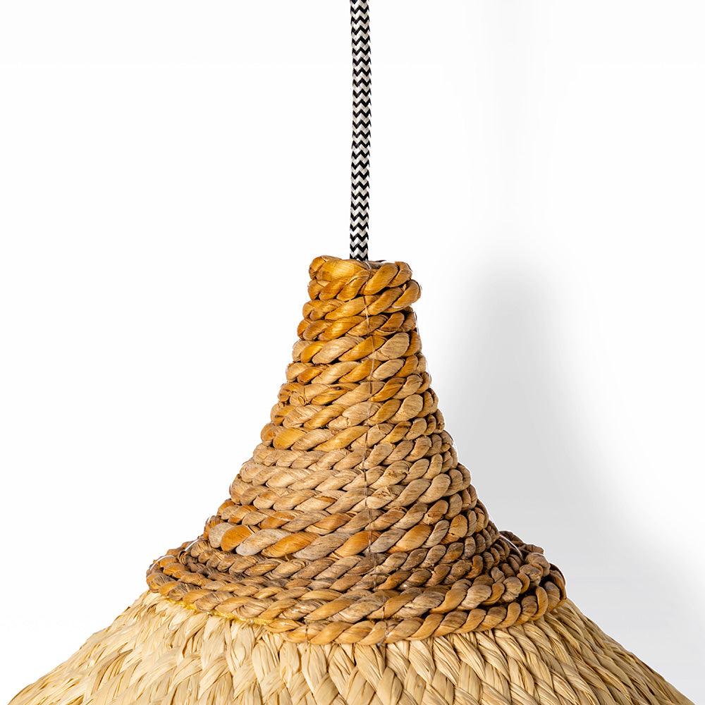 Woven pendant light with a white background