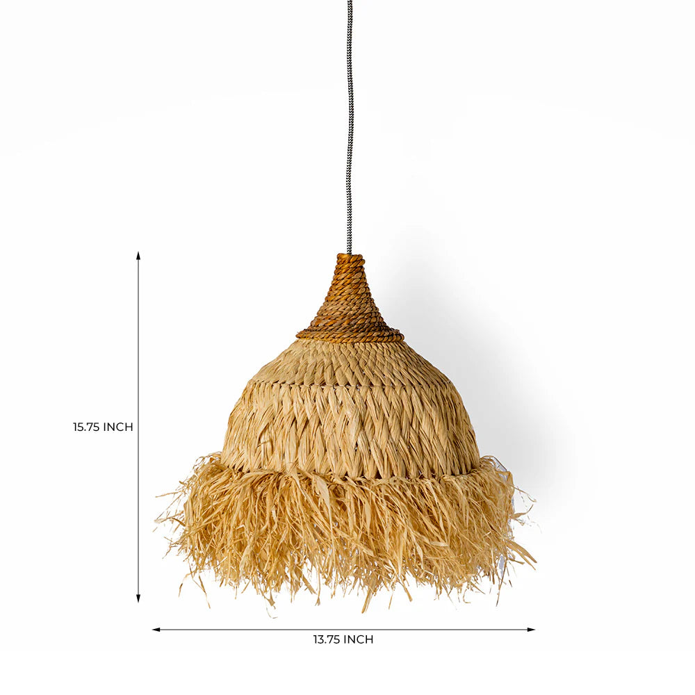 Rattan pendant light with dimensions on a white background