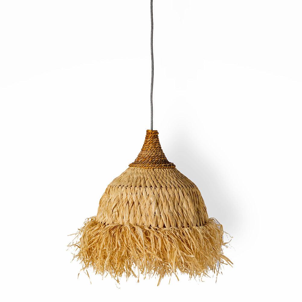 Woven straw pendant light on a white background