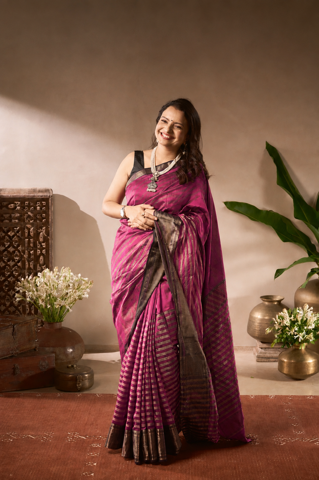 A woman modeling a magenta and dark gray patterned saree in a warm, rustic indoor setting with decorative plants and vases.