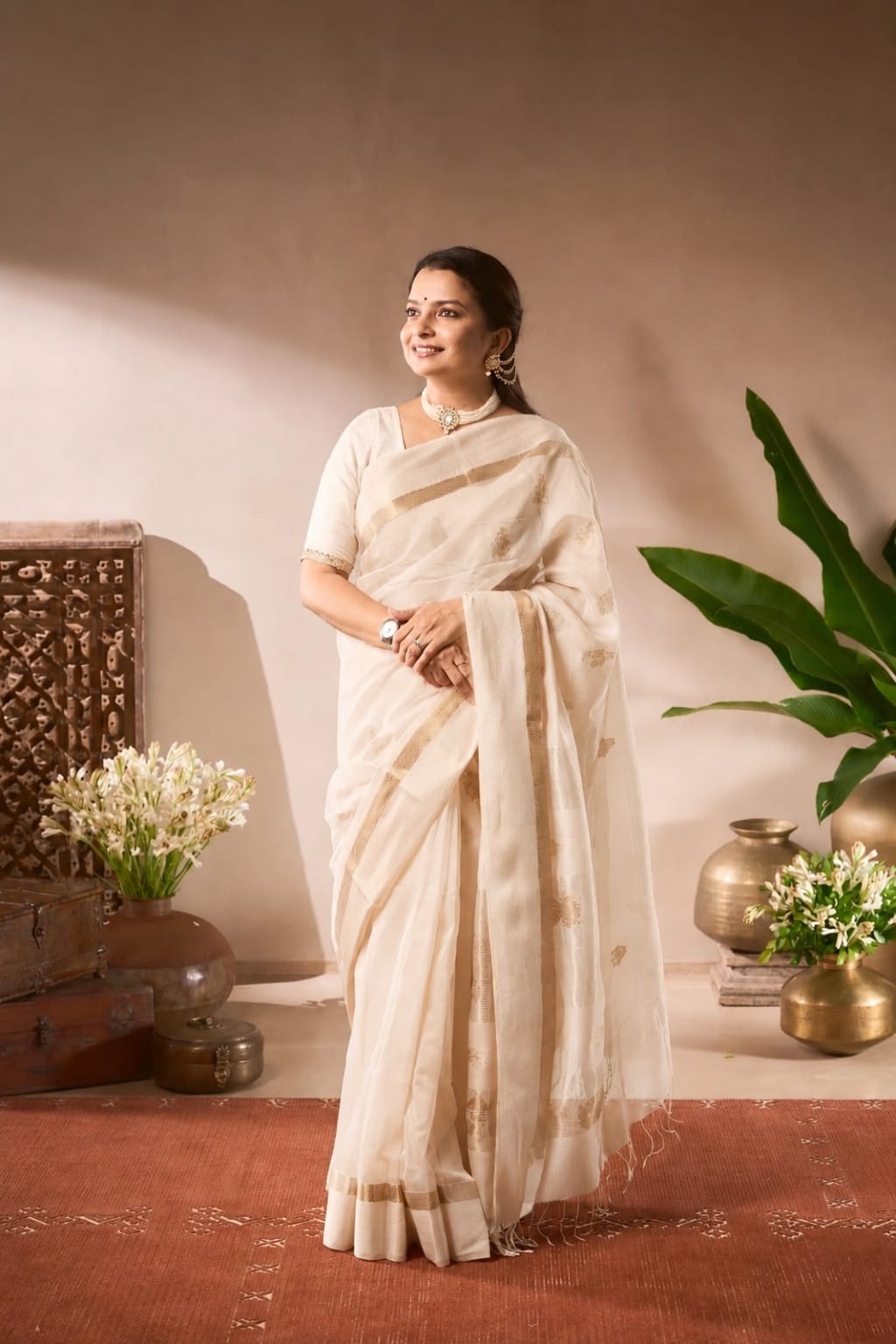 A woman wearing a light beige/cream saree with gold border details, standing in a styled indoor setting with decorative plants, vases, and a textured wall.