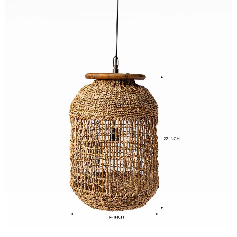 Woven pendant light with dimensions on a white background