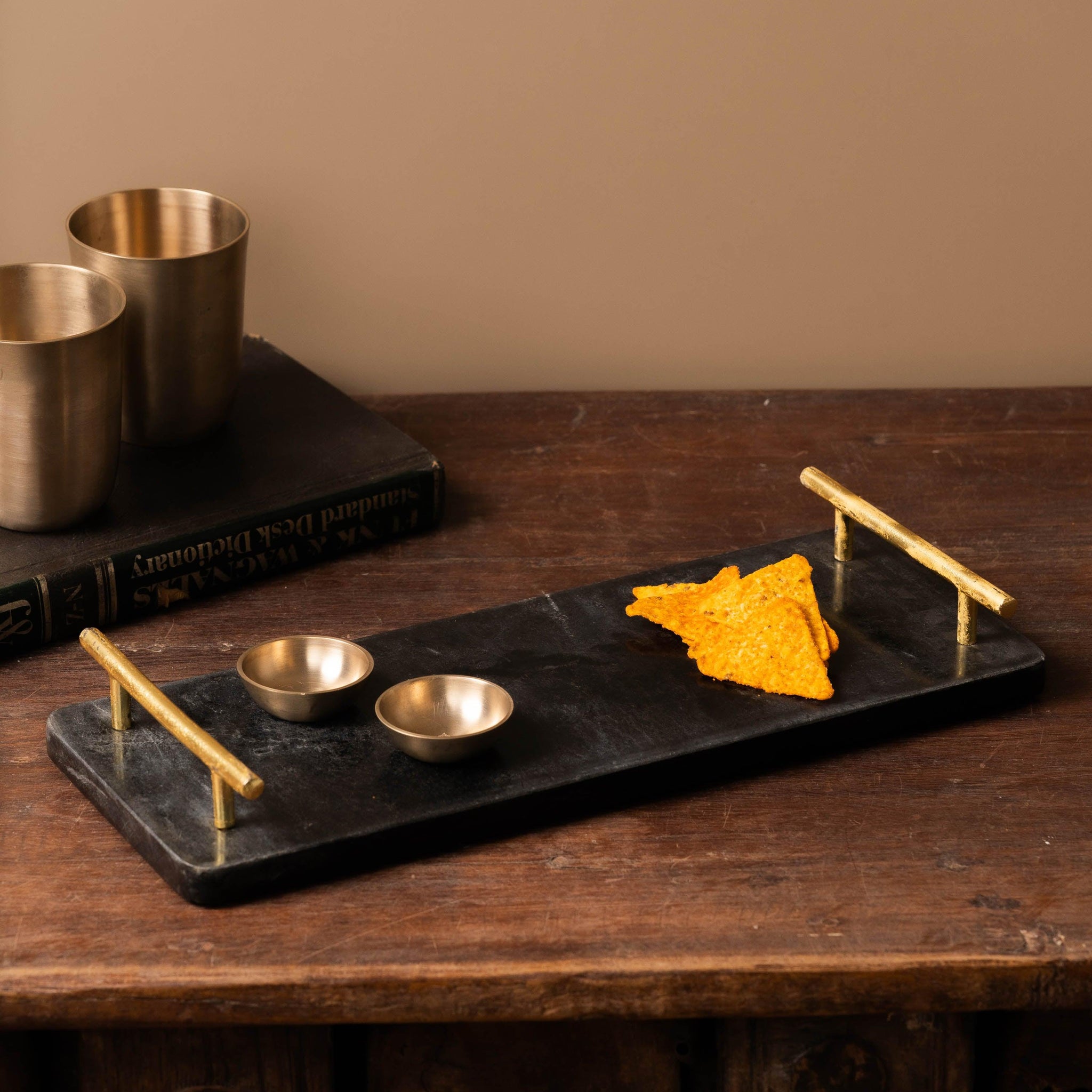 Black Marble Tray with Gold-Toned Handled - TESU