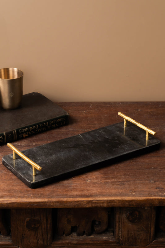 Black Marble Tray with Gold-Toned Handled - TESU