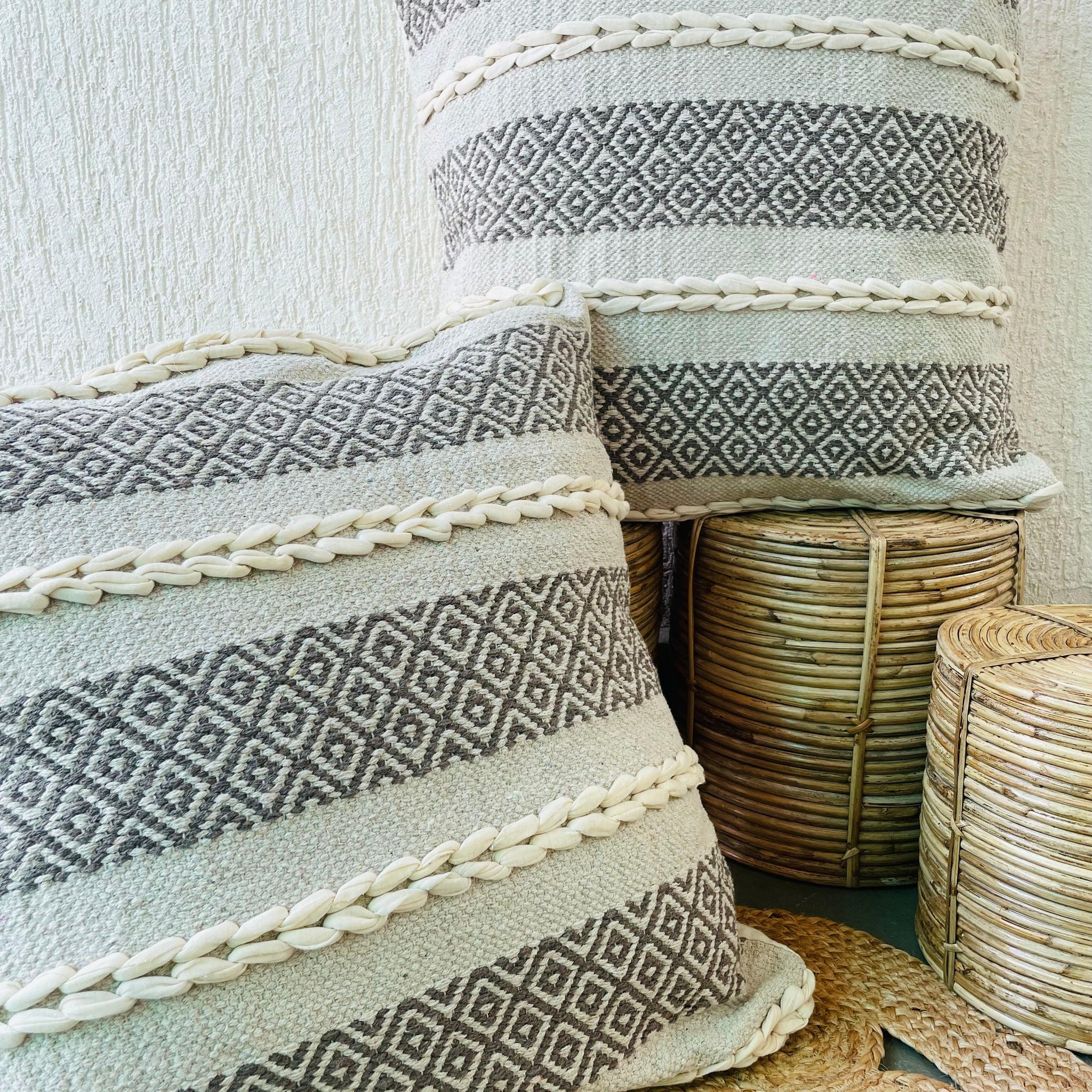 Bohemian Natural Cotton Cushion Covers - Grey and White - TESU