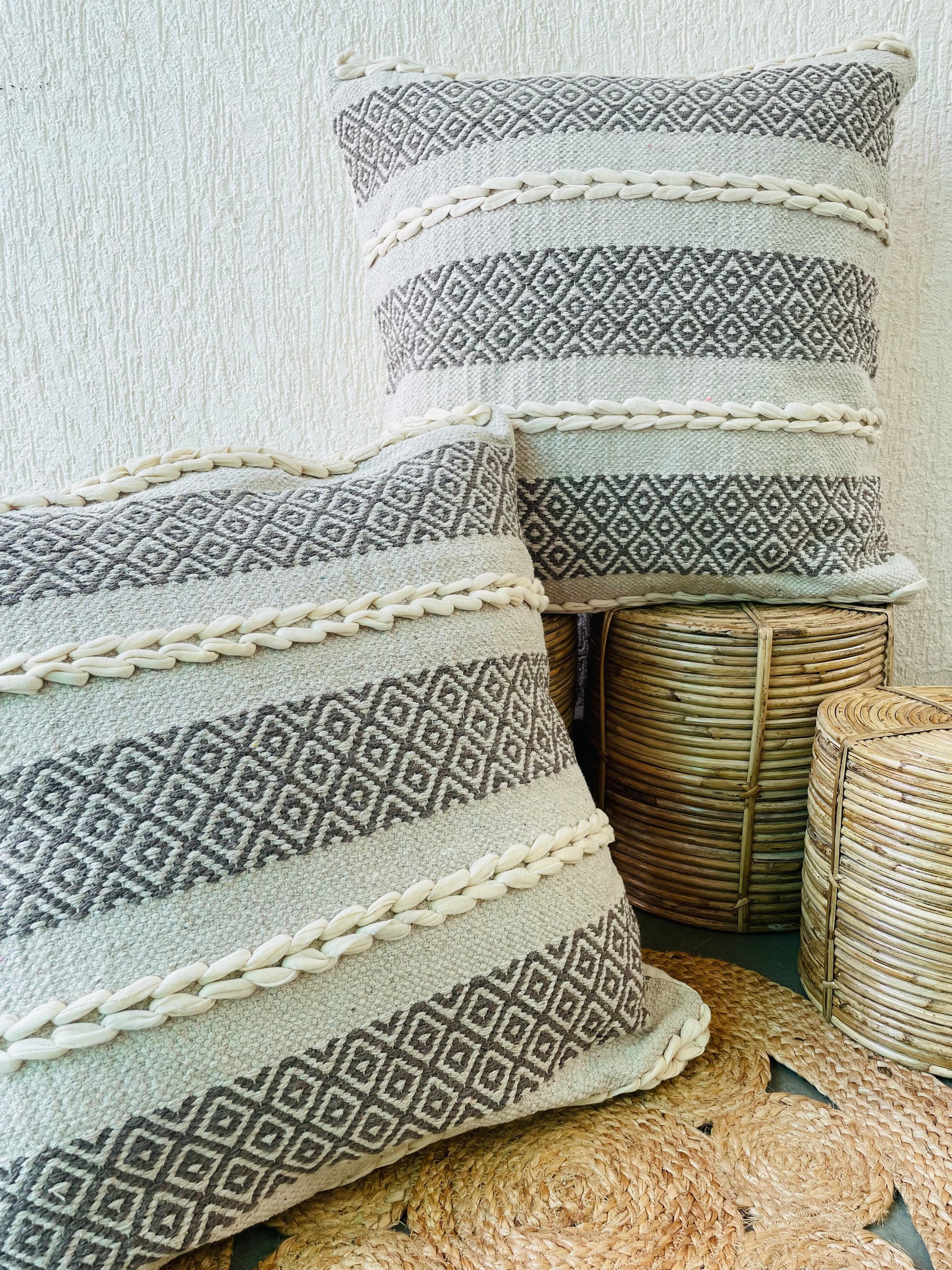 Bohemian Natural Cotton Cushion Covers - Grey and White - TESU