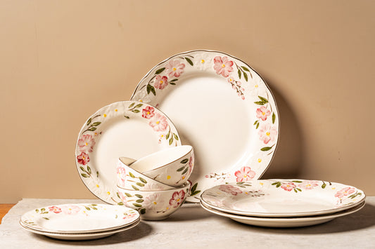 Off-white dinner set Pink flower dinnerware High-quality ceramic set Durability and polished look Nature-inspired elegance Dining experience enhancement Floral pattern tableware Stylish dining set Elegant table setting Special meal presentation, TESU