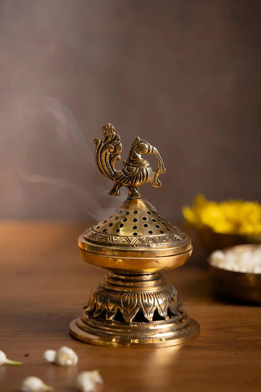 Handcrafted Dhoop Burner With Peacock Lid - TESU