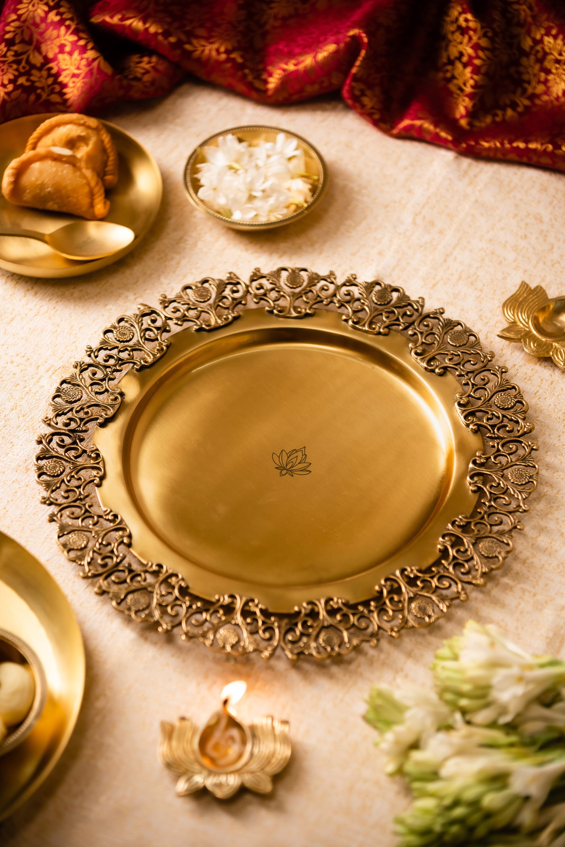 Brass Round Platter with Floral Border - TESU