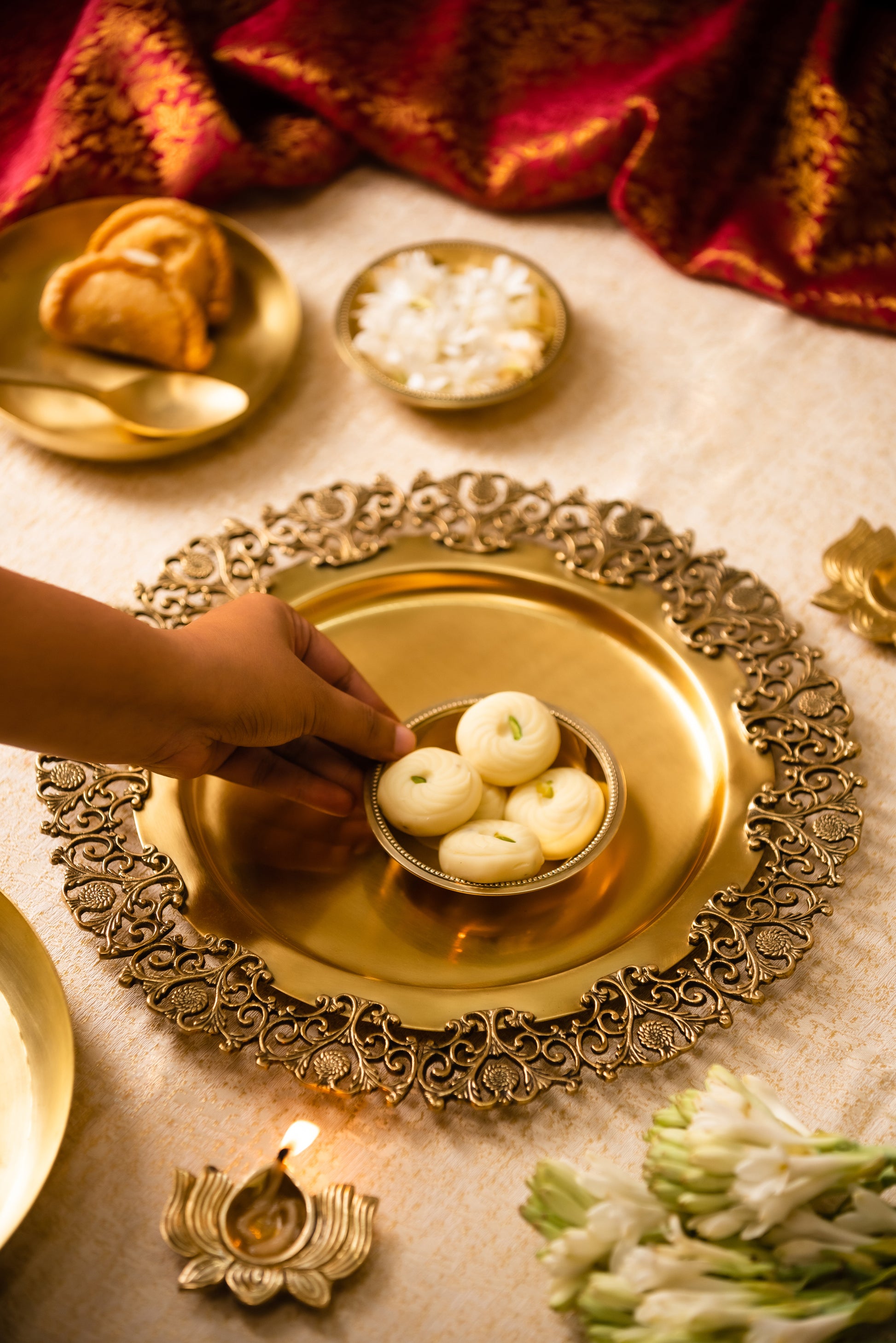 Brass Round Platter with Floral Border - TESU