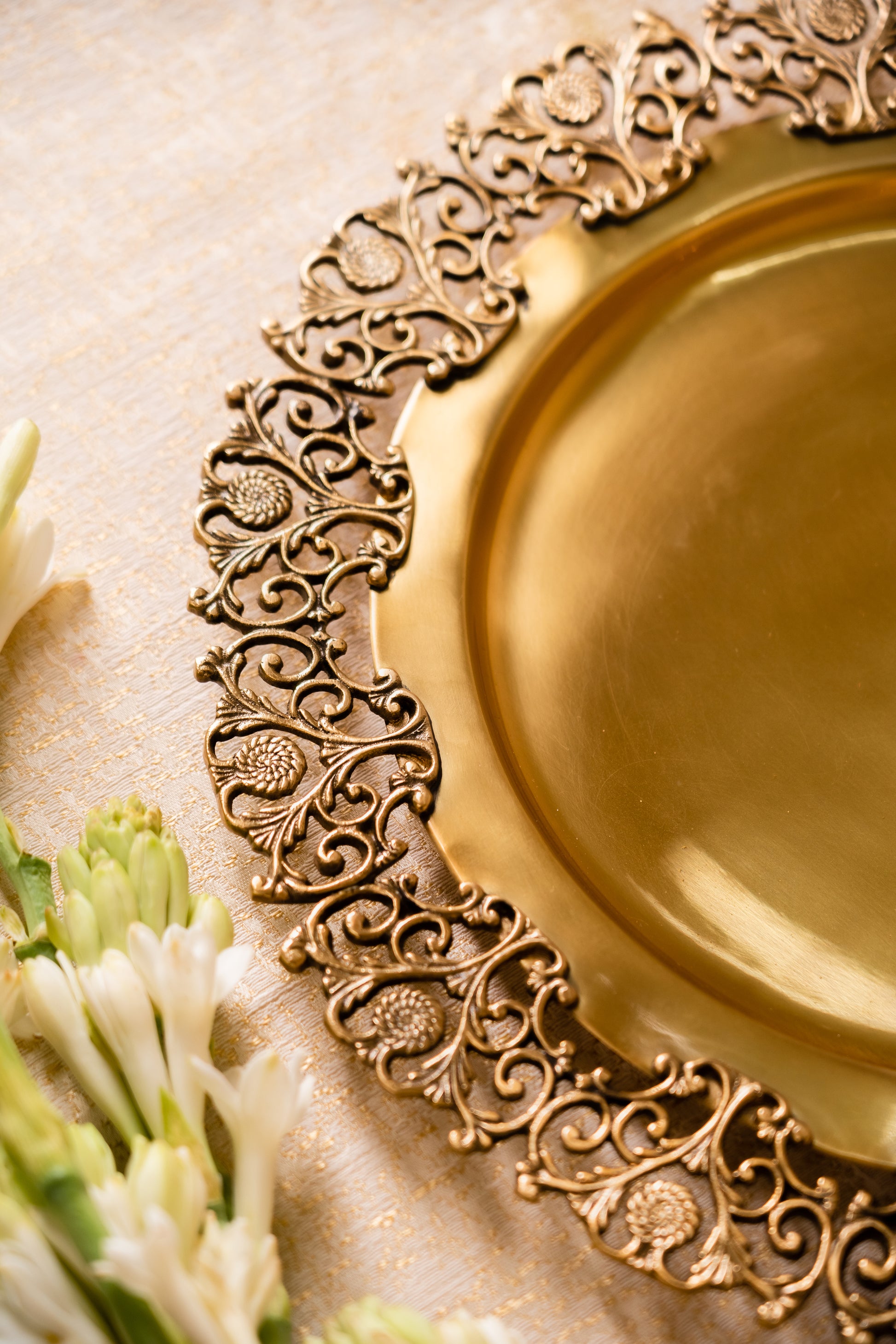 Brass Round Platter with Floral Border - TESU